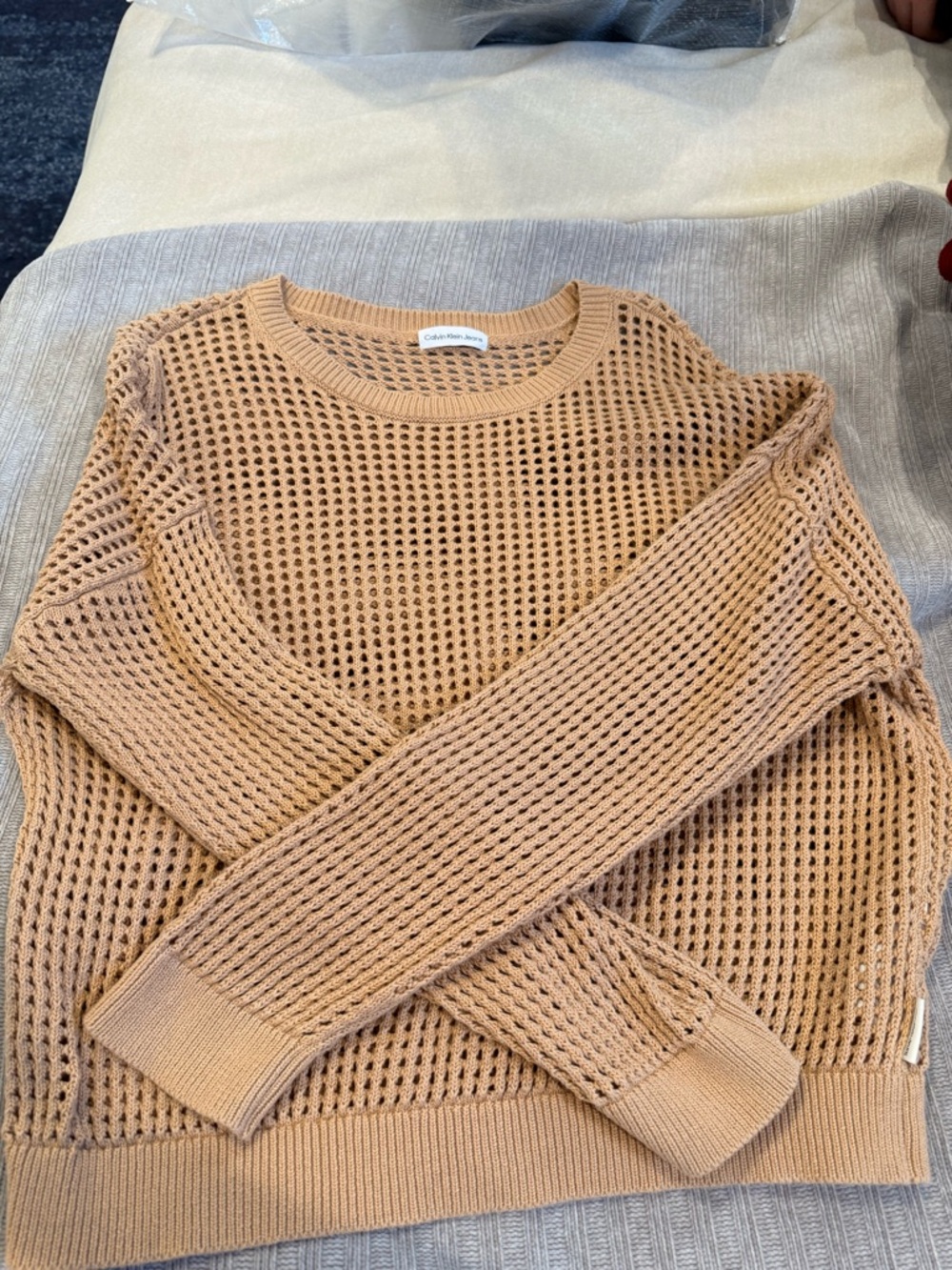 Calvin Klein Jeans Women's Open-Knit Scoop Crew Sweater — Tan Camel